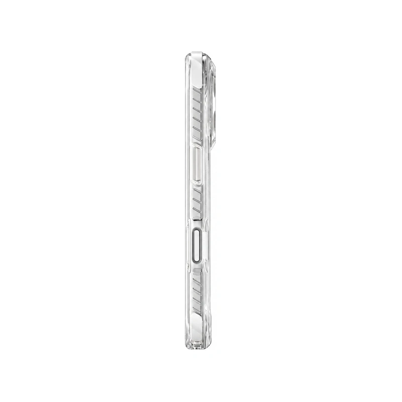 نمای کناری قاب UNIQ Combat Blanc White برای iPhone 17 Pro Max با لبه شفاف، کلیدهای جانبی و طراحی محافظ بدنه