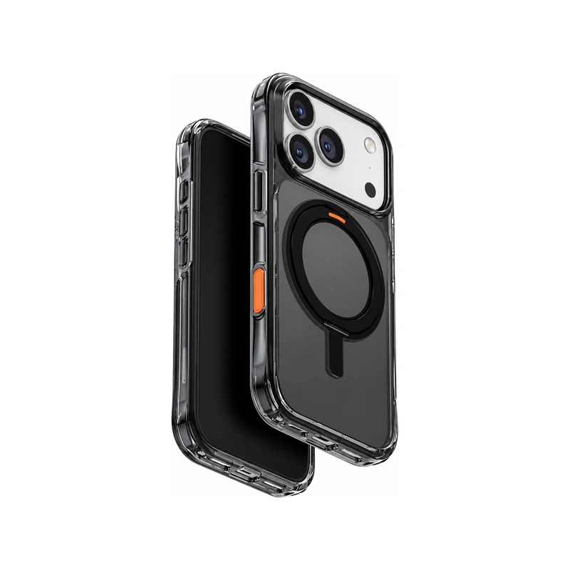 نمای زاویه‌دار جلو و پشت قاب UNIQ Swivix Carbon Black برای iPhone 17 Pro Max با حلقه مگ‌سیف چرخان، فریم شفاف دودی، کلید نارنجی و محافظ دوربین