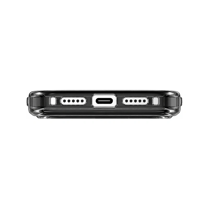 نمای زیر قاب UNIQ Swivix Carbon Black برای iPhone 17 Pro Max با برش درگاه USB-C، محل اسپیکرها و لبه‌های محافظ شفاف دودی