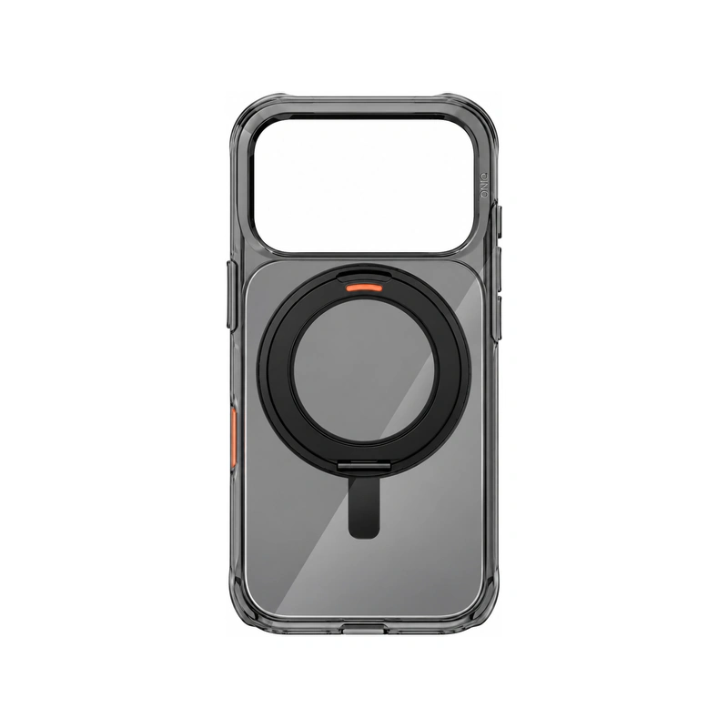 نمای پشت قاب UNIQ Swivix Carbon Black برای iPhone 17 Pro Max بدون گوشی با بدنه شفاف دودی، حلقه مگ‌سیف چرخان مشکی، جزئیات نارنجی و برش بزرگ دوربین