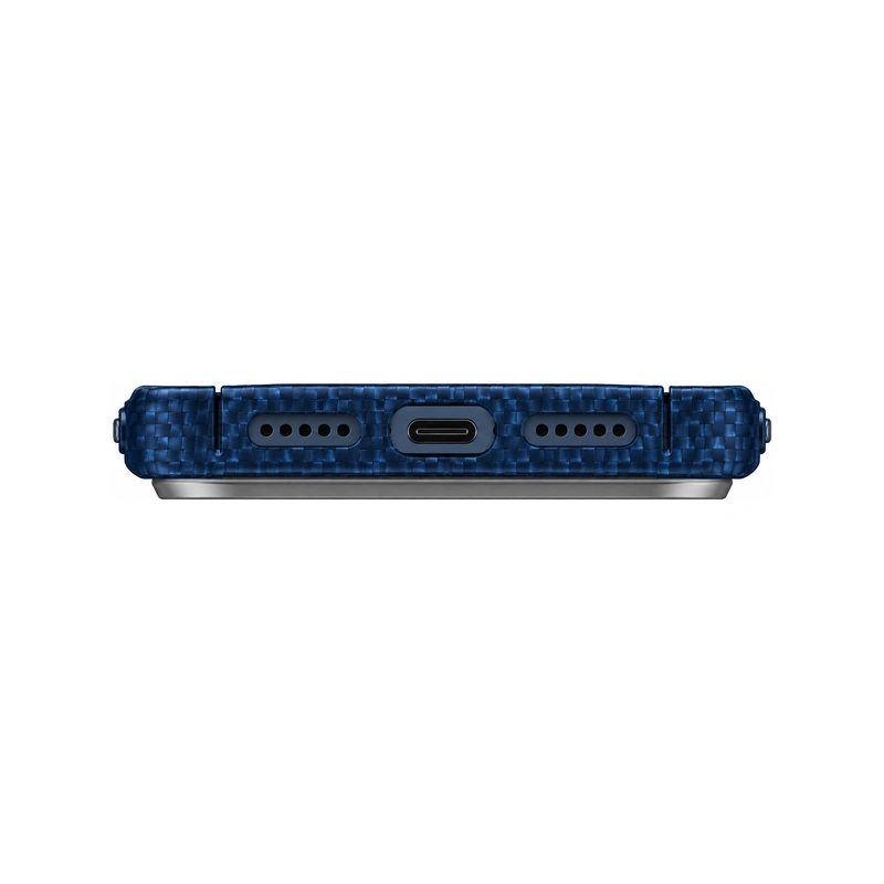 نمای زیر قاب UNIQ Keva Edge Trance Blue برای iPhone 17 Pro Max با بافت آبی طرح الیاف، برش درگاه USB-C و محل خروجی اسپیکرها