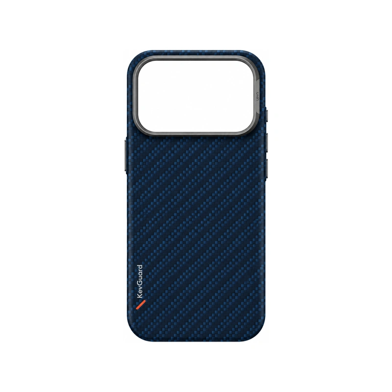 نمای پشت قاب UNIQ Keva Edge Trance Blue برای iPhone 17 Pro Max بدون گوشی با بافت آبی طرح الیاف، لوگوی KevaGuard و فریم بزرگ محافظ دوربین