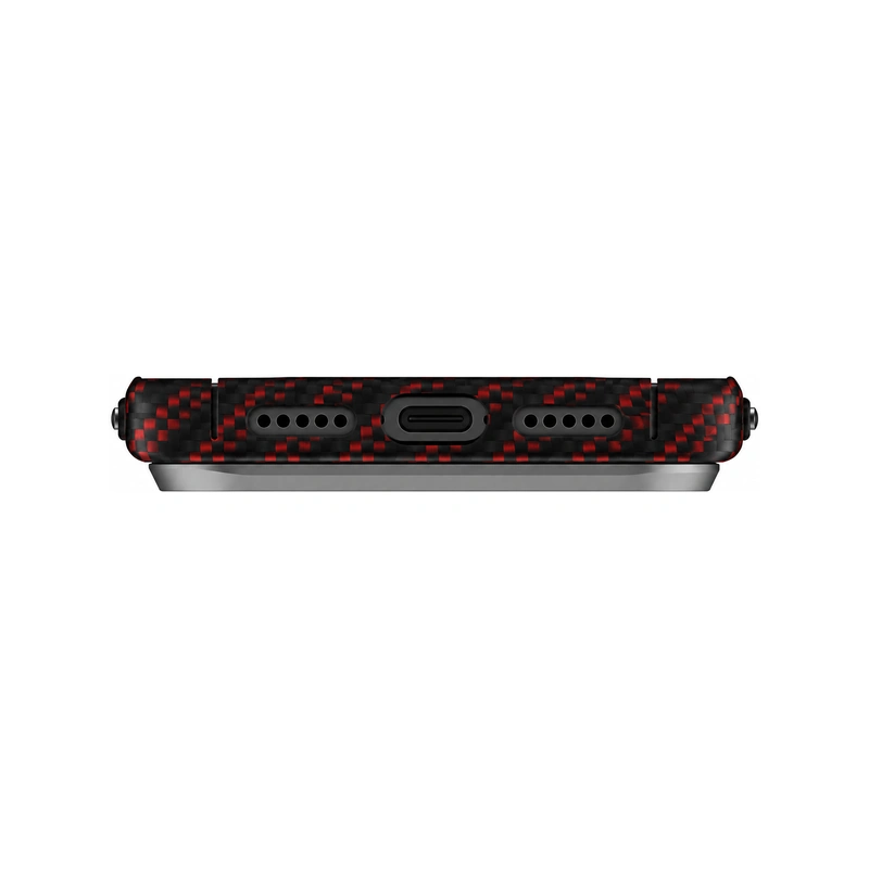 نمای زیر قاب UNIQ Keva Edge Rust Orange برای iPhone 17 Pro Max با بافت مشکی و قرمز طرح الیاف، برش دقیق درگاه USB-C و محل خروجی اسپیکرها