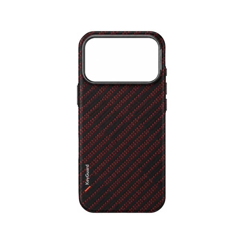 نمای پشت قاب UNIQ Keva Edge Rust Orange برای iPhone 17 Pro Max بدون گوشی با بافت مشکی و قرمز طرح الیاف، لوگوی KevaGuard و فریم بزرگ محافظ دوربین