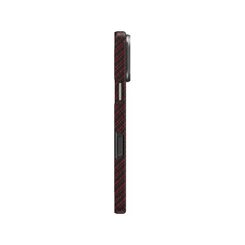 نمای کناری قاب UNIQ Keva Edge Rust Orange برای iPhone 17 Pro Max با بافت مشکی و قرمز طرح الیاف، کلیدهای جانبی و فریم برجسته محافظ دوربین