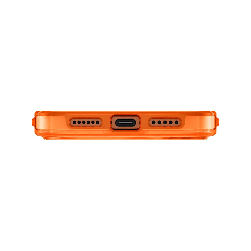 نمای زیر قاب UNIQ Clario Volt Orange برای iPhone 17 Pro Max با بدنه شفاف نارنجی، برش درگاه USB-C و محل خروجی اسپیکرها در دو طرف
