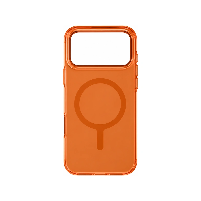 نمای پشت قاب UNIQ Clario Volt Orange برای iPhone 17 Pro Max بدون گوشی با بدنه شفاف نارنجی، حلقه مگنتی روی قسمت پشتی و برش بزرگ مجموعه دوربین