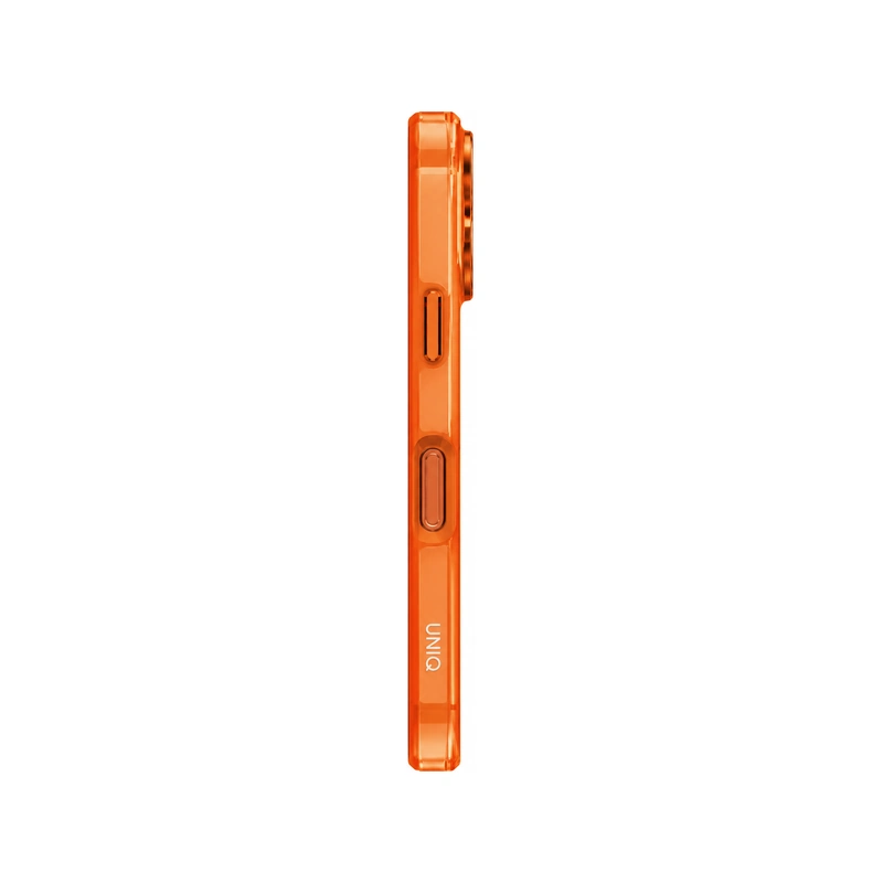 نمای کناری قاب UNIQ Clario Volt Orange برای iPhone 17 Pro Max با بدنه شفاف نارنجی، کلیدهای جانبی و لبه برجسته اطراف بخش دوربین