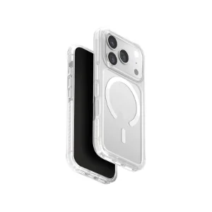 نمای زاویه‌دار جلو و پشت قاب UNIQ Combat Blanc White برای iPhone 17 Pro Max با طراحی شفاف و حلقه MagSafe