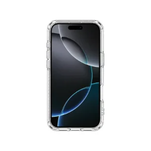 نمای جلوی iPhone 17 Pro Max داخل قاب شفاف UNIQ Combat Blanc White با لبه‌های محافظ اطراف نمایشگر