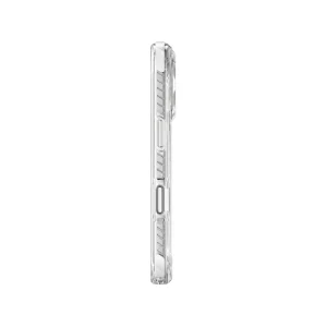 نمای کناری قاب UNIQ Combat Blanc White برای iPhone 17 Pro Max با لبه شفاف، کلیدهای جانبی و طراحی محافظ بدنه