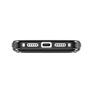 نمای زیر قاب UNIQ Swivix Carbon Black برای iPhone 17 Pro Max با برش درگاه USB-C، محل اسپیکرها و لبه‌های محافظ شفاف دودی