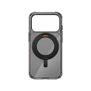 نمای پشت قاب UNIQ Swivix Carbon Black برای iPhone 17 Pro Max بدون گوشی با بدنه شفاف دودی، حلقه مگ‌سیف چرخان مشکی، جزئیات نارنجی و برش بزرگ دوربین