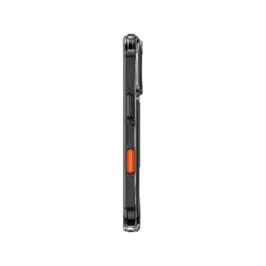 نمای کناری قاب UNIQ Swivix Carbon Black برای iPhone 17 Pro Max با فریم شفاف دودی، محافظ برجسته دوربین و کلید جانبی نارنجی