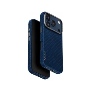 نمای زاویه‌دار جلو و پشت قاب UNIQ Keva Edge Trance Blue برای iPhone 17 Pro Max با بافت آبی طرح الیاف، فریم محافظ دوربین و پوشش کامل لبه‌های گوشی