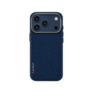 نمای پشت قاب UNIQ Keva Edge Trance Blue برای iPhone 17 Pro Max با بافت آبی طرح الیاف، محافظ برجسته فلزی دوربین و لوگوی KevaGuard