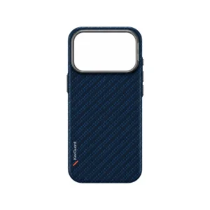 نمای پشت قاب UNIQ Keva Edge Trance Blue برای iPhone 17 Pro Max بدون گوشی با بافت آبی طرح الیاف، لوگوی KevaGuard و فریم بزرگ محافظ دوربین