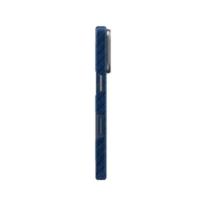نمای کناری قاب UNIQ Keva Edge Trance Blue برای iPhone 17 Pro Max با بافت آبی طرح الیاف، کلید جانبی و فریم برجسته محافظ دوربین