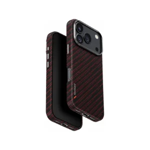 نمای زاویه‌دار جلو و پشت قاب UNIQ Keva Edge Rust Orange برای iPhone 17 Pro Max با بافت مشکی و قرمز طرح الیاف، پوشش لبه‌های گوشی و فریم محافظ دوربین
