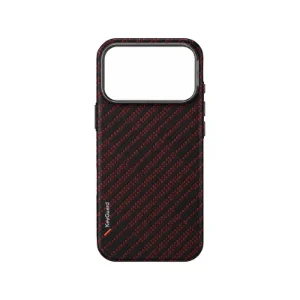 نمای پشت قاب UNIQ Keva Edge Rust Orange برای iPhone 17 Pro Max بدون گوشی با بافت مشکی و قرمز طرح الیاف، لوگوی KevaGuard و فریم بزرگ محافظ دوربین