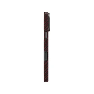 نمای کناری قاب UNIQ Keva Edge Rust Orange برای iPhone 17 Pro Max با بافت مشکی و قرمز طرح الیاف، کلیدهای جانبی و فریم برجسته محافظ دوربین