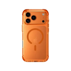نمای پشت قاب UNIQ Clario Volt Orange برای iPhone 17 Pro Max نصب‌شده روی گوشی با بدنه شفاف نارنجی، حلقه مگنتی قابل مشاهده و محافظ برجسته مجموعه دوربین