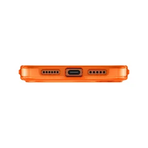 نمای زیر قاب UNIQ Clario Volt Orange برای iPhone 17 Pro Max با بدنه شفاف نارنجی، برش درگاه USB-C و محل خروجی اسپیکرها در دو طرف