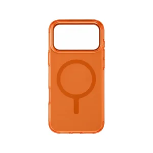 نمای پشت قاب UNIQ Clario Volt Orange برای iPhone 17 Pro Max بدون گوشی با بدنه شفاف نارنجی، حلقه مگنتی روی قسمت پشتی و برش بزرگ مجموعه دوربین