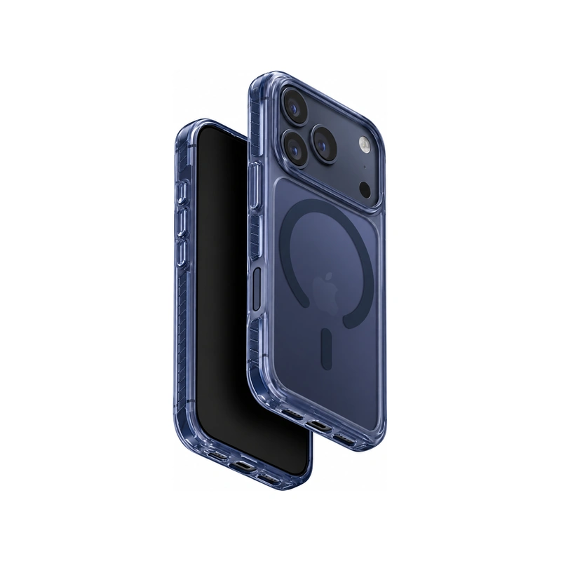 نمای زاویه‌دار جلو و پشت قاب UNIQ Combat Navy Blue برای iPhone 17 Pro با بدنه شفاف سرمه‌ای، حلقه مگنتی و محافظ برجسته دوربین
