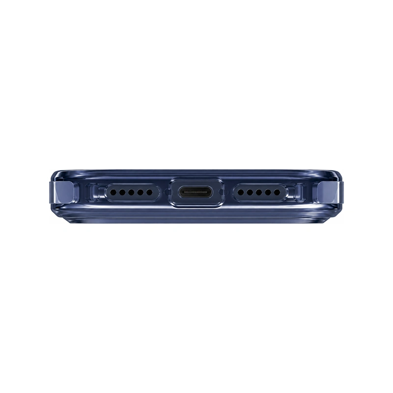 نمای زیر قاب UNIQ Combat Navy Blue برای iPhone 17 Pro با محل درگاه USB-C و خروجی‌های اسپیکر