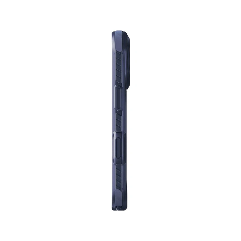 نمای کناری قاب UNIQ Combat Navy Blue برای iPhone 17 Pro با لبه‌های تقویت‌شده و کلید جانبی محافظت‌شده