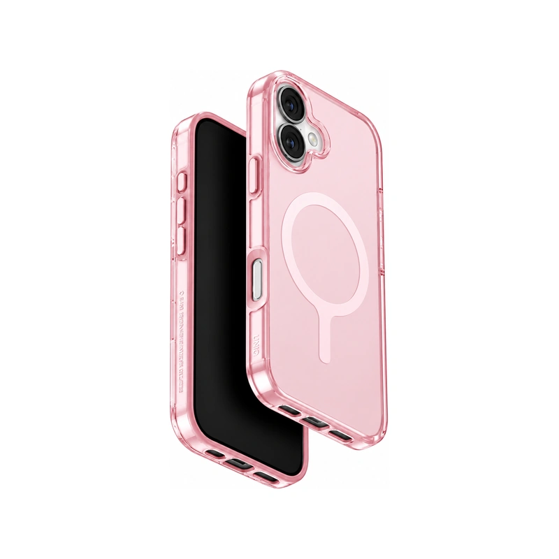 نمای زاویه‌دار قاب UNIQ Clario Primrose Pink برای iPhone 17 با طراحی شفاف صورتی و حلقه مغناطیسی