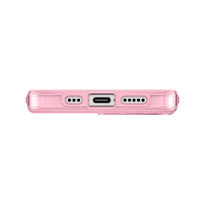 نمای زیر قاب UNIQ Clario Primrose Pink برای iPhone 17 با محل درگاه USB-C و خروجی‌های اسپیکر