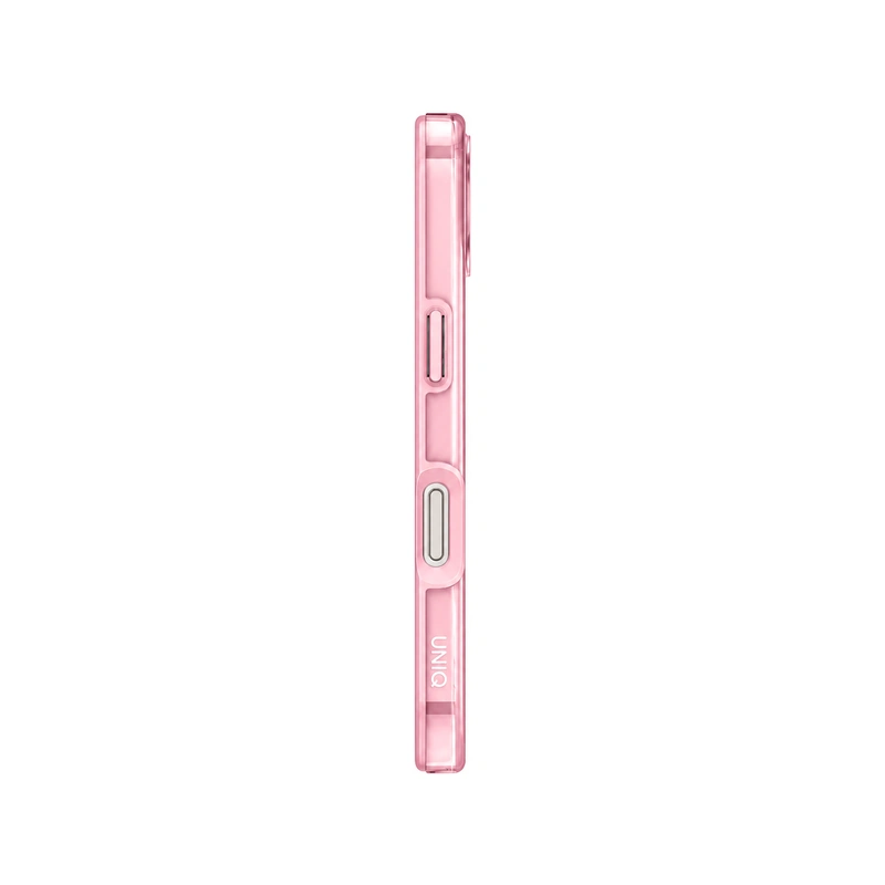 نمای کناری قاب UNIQ Clario Primrose Pink برای iPhone 17 با کلیدهای جانبی محافظت‌شده