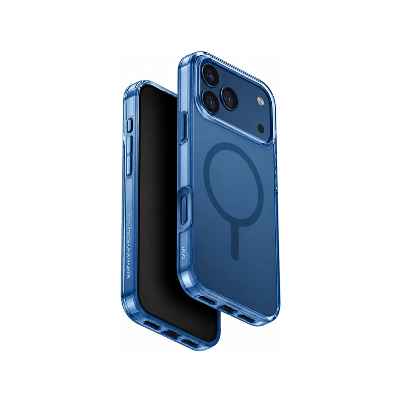 نمای زاویه‌دار قاب UNIQ Clario Royal Blue برای iPhone 17 Pro Max