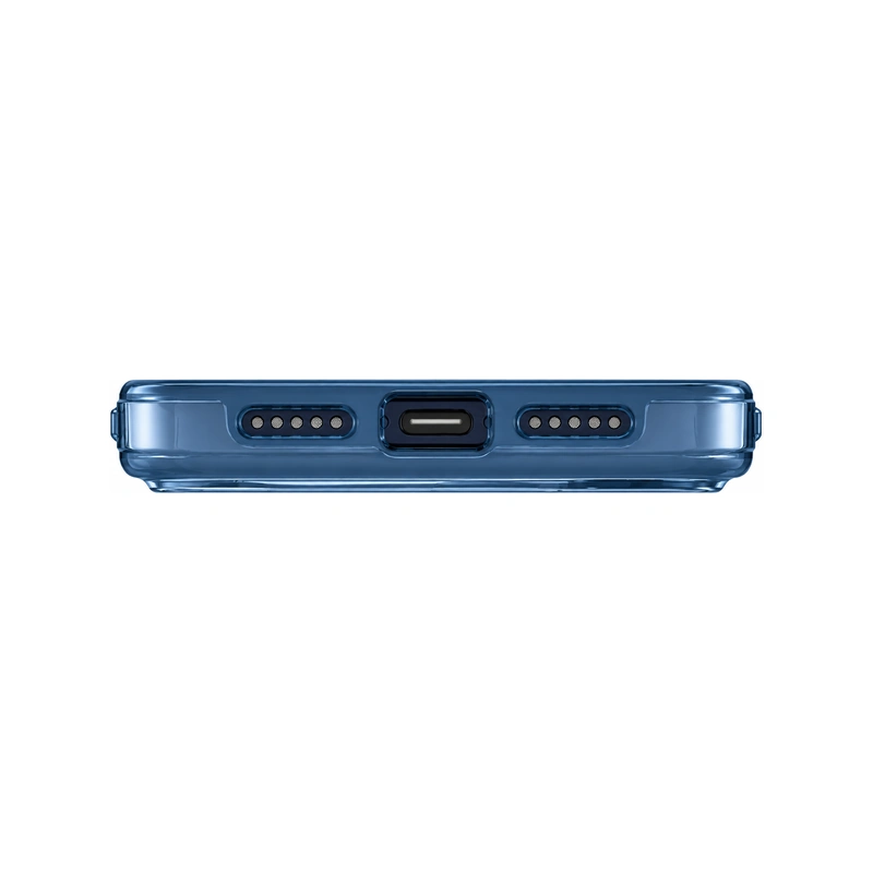 نمای زیر قاب UNIQ Clario Royal Blue برای iPhone 17 Pro Max با محل USB-C و خروجی‌های اسپیکر