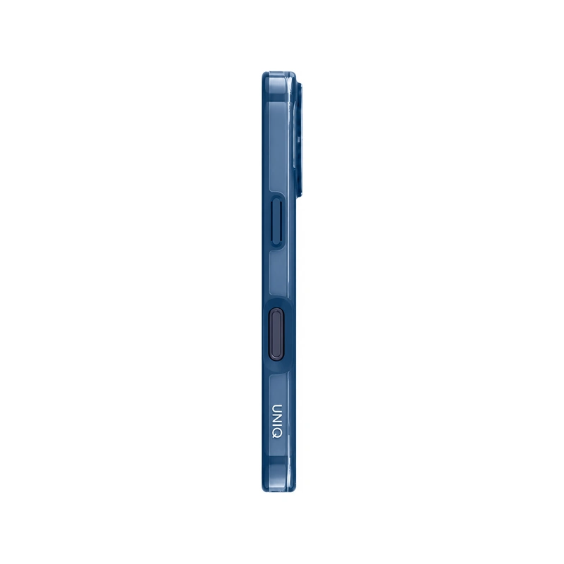نمای کناری قاب UNIQ Clario Royal Blue برای iPhone 17 Pro Max با کلیدهای محافظت‌شده