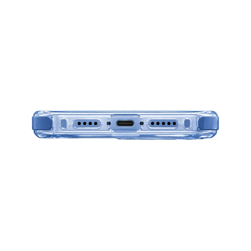 نمای زیر قاب UNIQ Combat Mist Blue برای iPhone 17 با محل USB-C و خروجی‌های اسپیکر