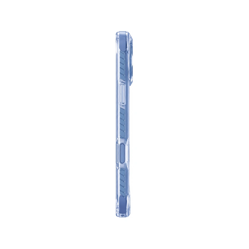 نمای کناری قاب UNIQ Combat Mist Blue برای iPhone 17 با کلید محافظت‌شده