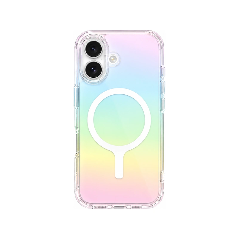 نمای پشت قاب با گوشی UNIQ Iridescia Holo Quarz برای iPhone 17 با طراحی هولوگرافیک و حلقه مغناطیسی