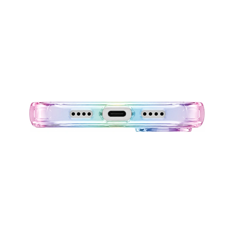 نمای زیر قاب UNIQ Iridescia Holo Quarz برای iPhone 17 با محل USB-C و خروجی‌های اسپیکر