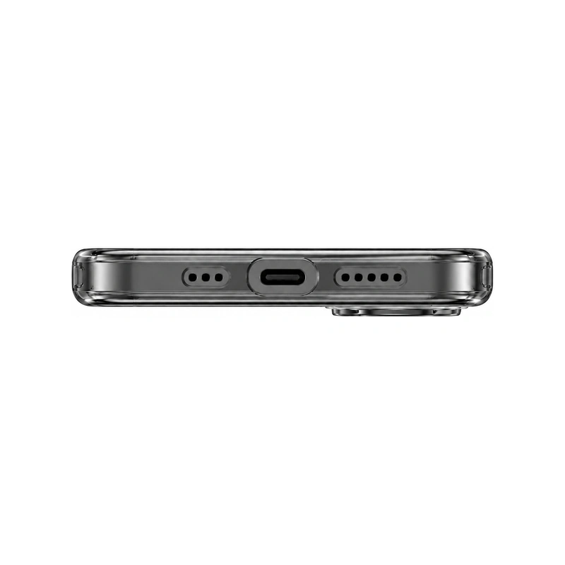 نمای زیر قاب UNIQ Clario Smoke برای iPhone 17 با محل USB-C و اسپیکرها