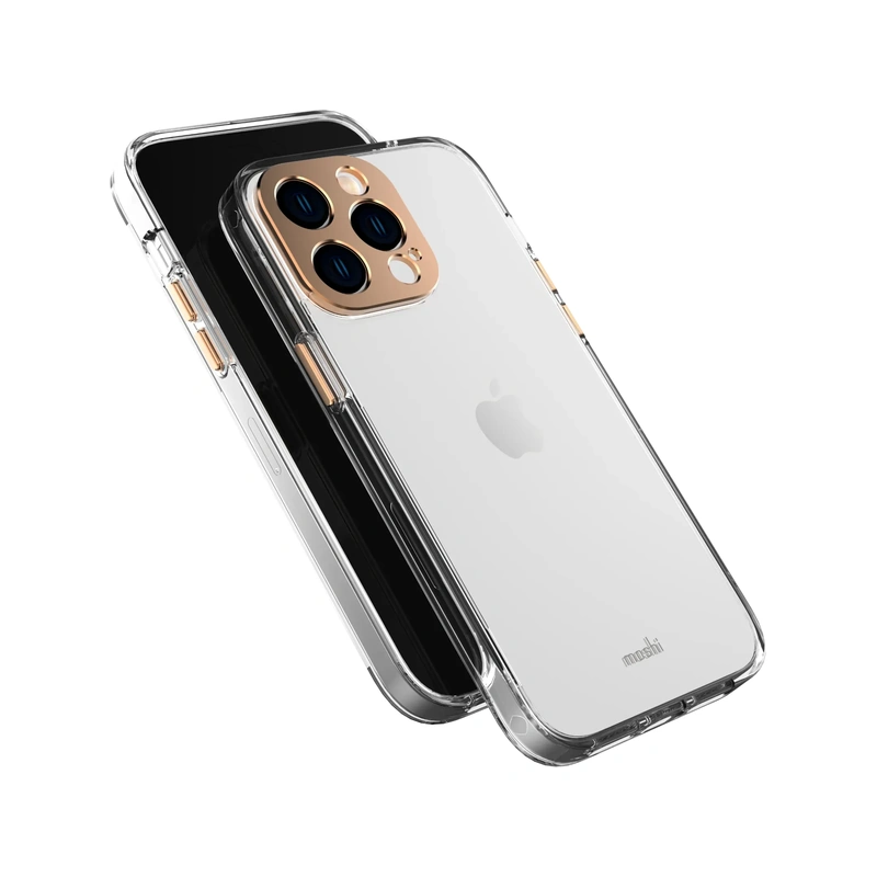 قاب Moshi iGlaze Slim Hardshell Sunset Gold برای iPhone 14 Pro، نمایش زاویه‌دار جلو و پشت