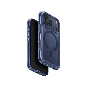 نمای زاویه‌دار جلو و پشت قاب UNIQ Combat Navy Blue برای iPhone 17 Pro با بدنه شفاف سرمه‌ای، حلقه مگنتی و محافظ برجسته دوربین