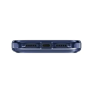 نمای زیر قاب UNIQ Combat Navy Blue برای iPhone 17 Pro با محل درگاه USB-C و خروجی‌های اسپیکر