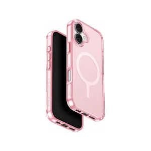 نمای زاویه‌دار قاب UNIQ Clario Primrose Pink برای iPhone 17 با طراحی شفاف صورتی و حلقه مغناطیسی
