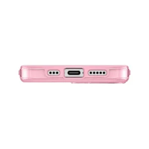 نمای زیر قاب UNIQ Clario Primrose Pink برای iPhone 17 با محل درگاه USB-C و خروجی‌های اسپیکر