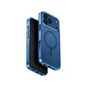 نمای زاویه‌دار قاب UNIQ Clario Royal Blue برای iPhone 17 Pro Max
