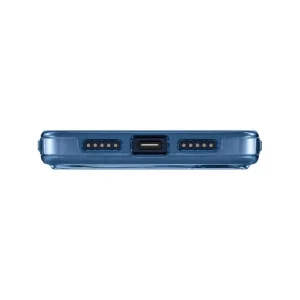 نمای زیر قاب UNIQ Clario Royal Blue برای iPhone 17 Pro Max با محل USB-C و خروجی‌های اسپیکر
