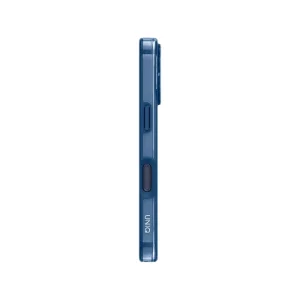 نمای کناری قاب UNIQ Clario Royal Blue برای iPhone 17 Pro Max با کلیدهای محافظت‌شده
